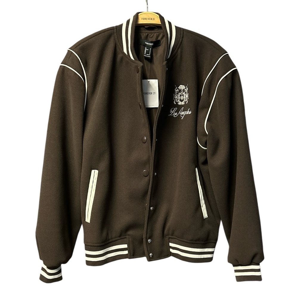 Forever 21 Los Angeles Women’s Snap Button Front Brown Varsity Jacket Size Small